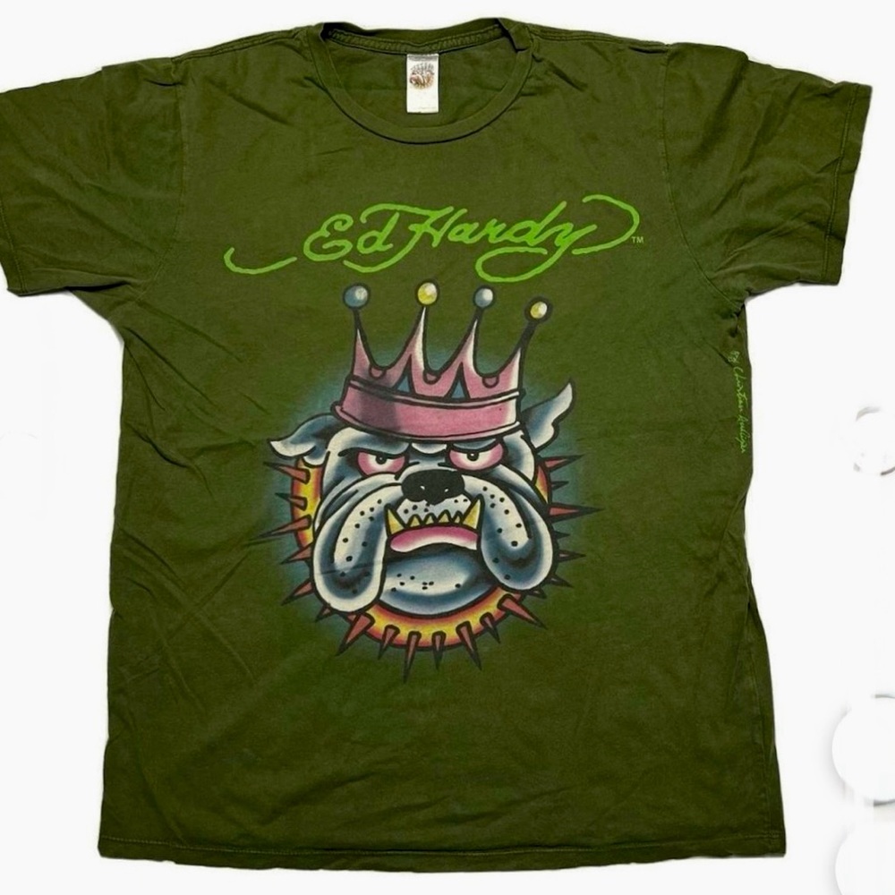 Rare Y2K Ed Hardy Pink Crown Bulldog Graphic Tee